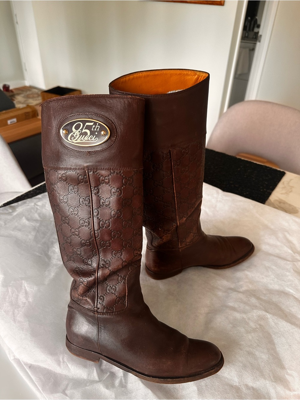 Gucci Brown Leather Logo Knee Boots